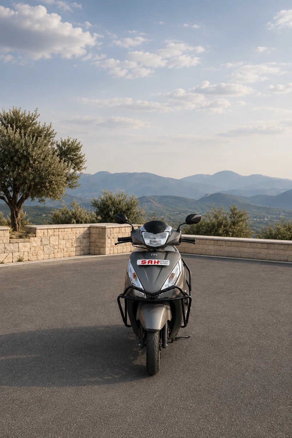 Şah Sürücü Kursu scooter motosikleti ve arkasındaki eğitim araçları